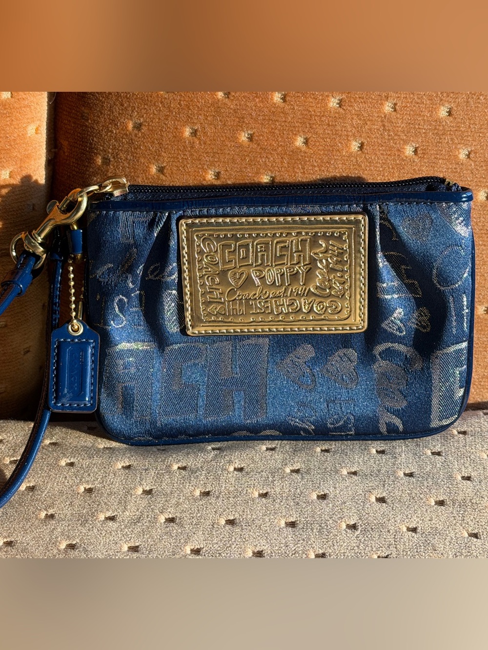Coach Poppy Navy Blue Wristlet with Gold Creed